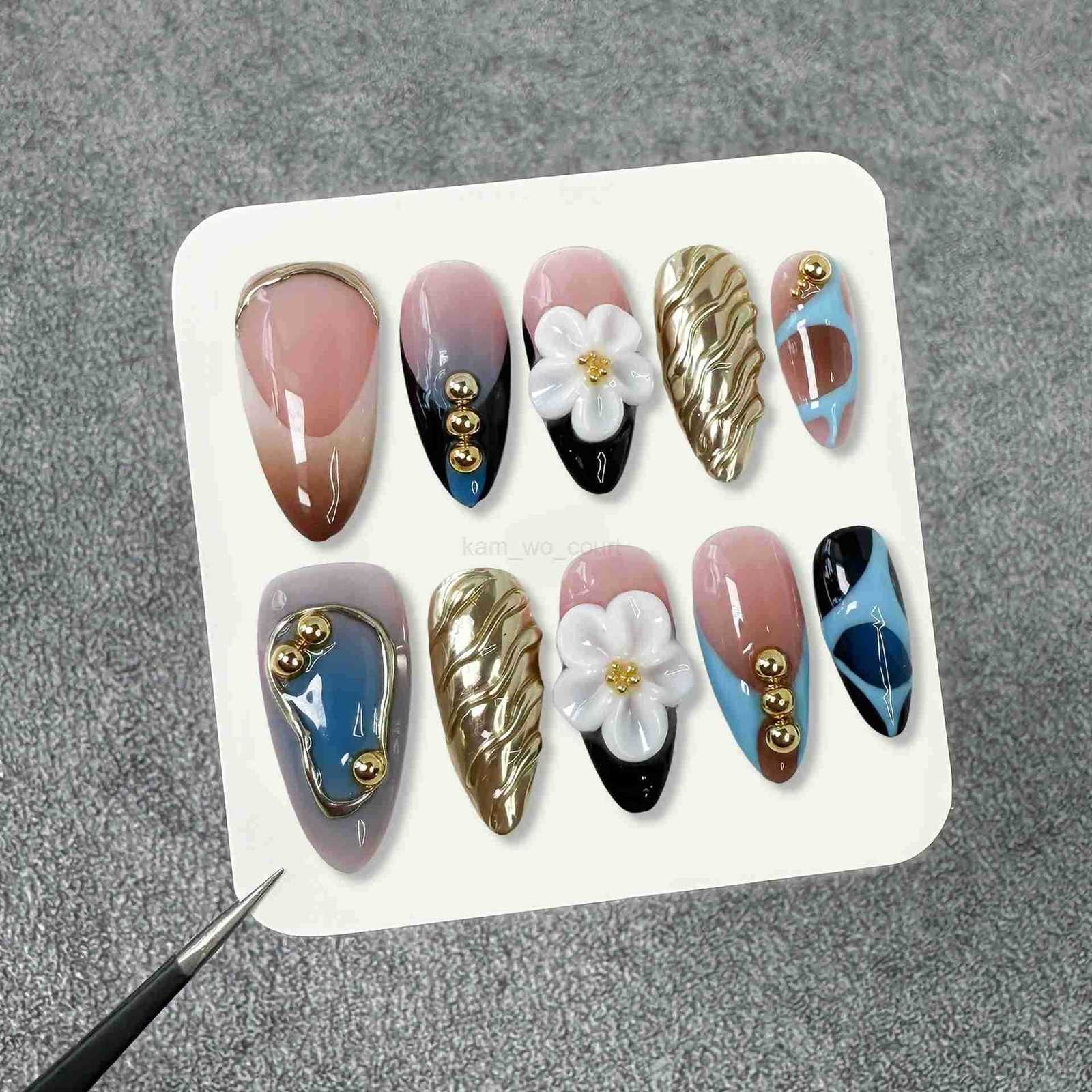 10pcs Blush Almond Handmade Press On Nails 3D White Flower Baroque Style False Nails Summer French Tip Sweet Cool Fake Nails M250807
