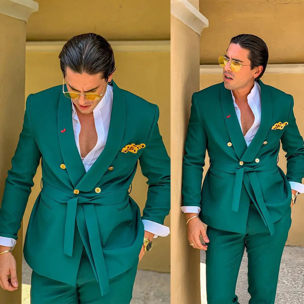 Green Men Suits Slim Fit Double Breasted Shawl Lapel Formal Wedding Tuxedo Set Traje Americana Hombre 2PCS y250807
