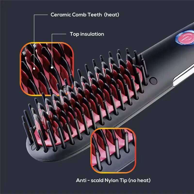Mini Portable Electric Beard Ceramic Fast Heating Brush Pressing Hot Comb Hair Straightener