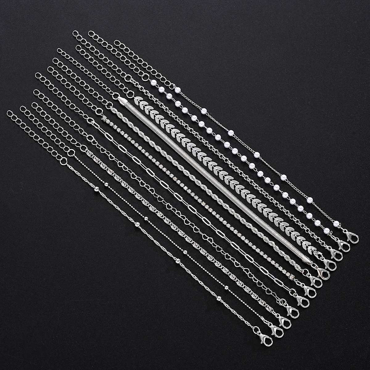 12pcs Boho Heart Twisted Snake Chain Bracelets For Women Imitation Pearl Fish-Tail Paperclip Bracelet Set Summer Holiday Jewelry W250807