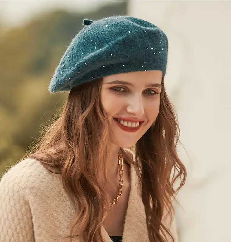 Elegant Retro Knitted Beret Hats Women Ladies Sequins Knit Painter Berets Fashion Artist French Berets Solid Color XJ250807