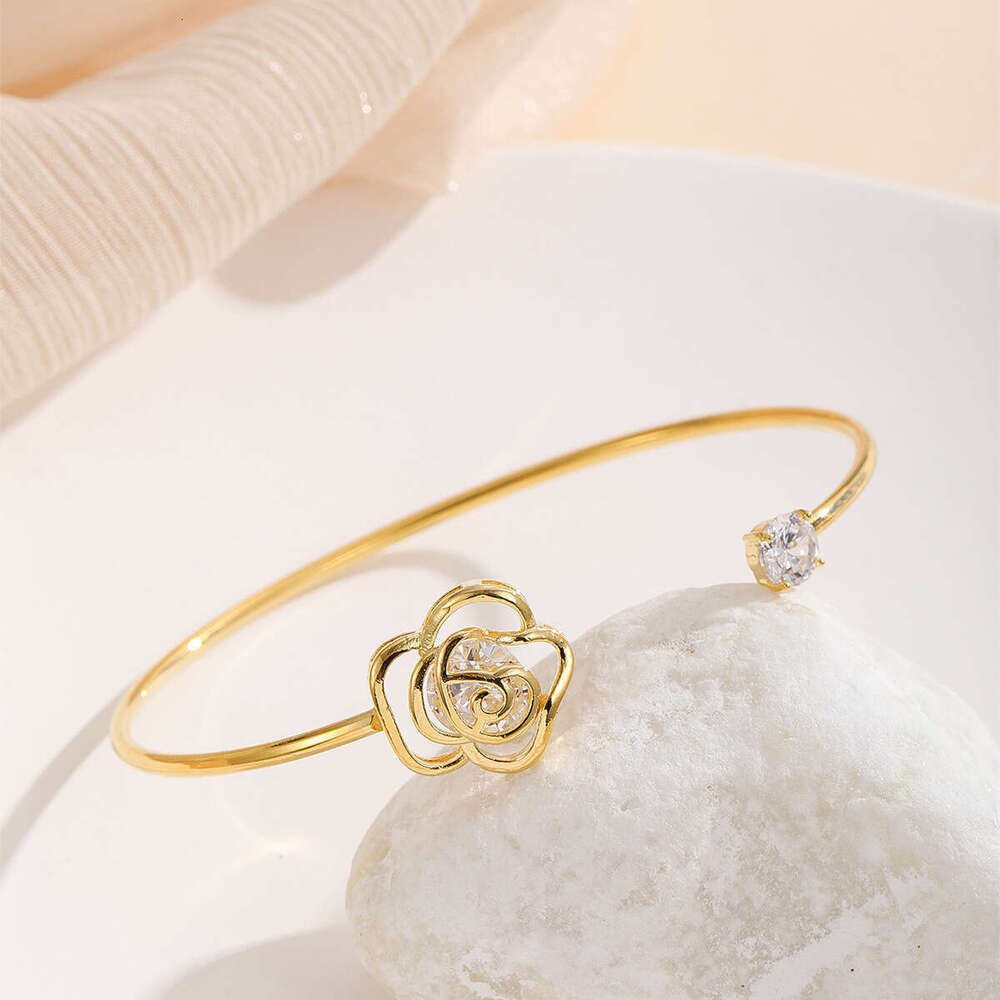 Versatile Style Women's with Rose Flower, Copper Inlaid Zirconia Adjustable Open Bracelet