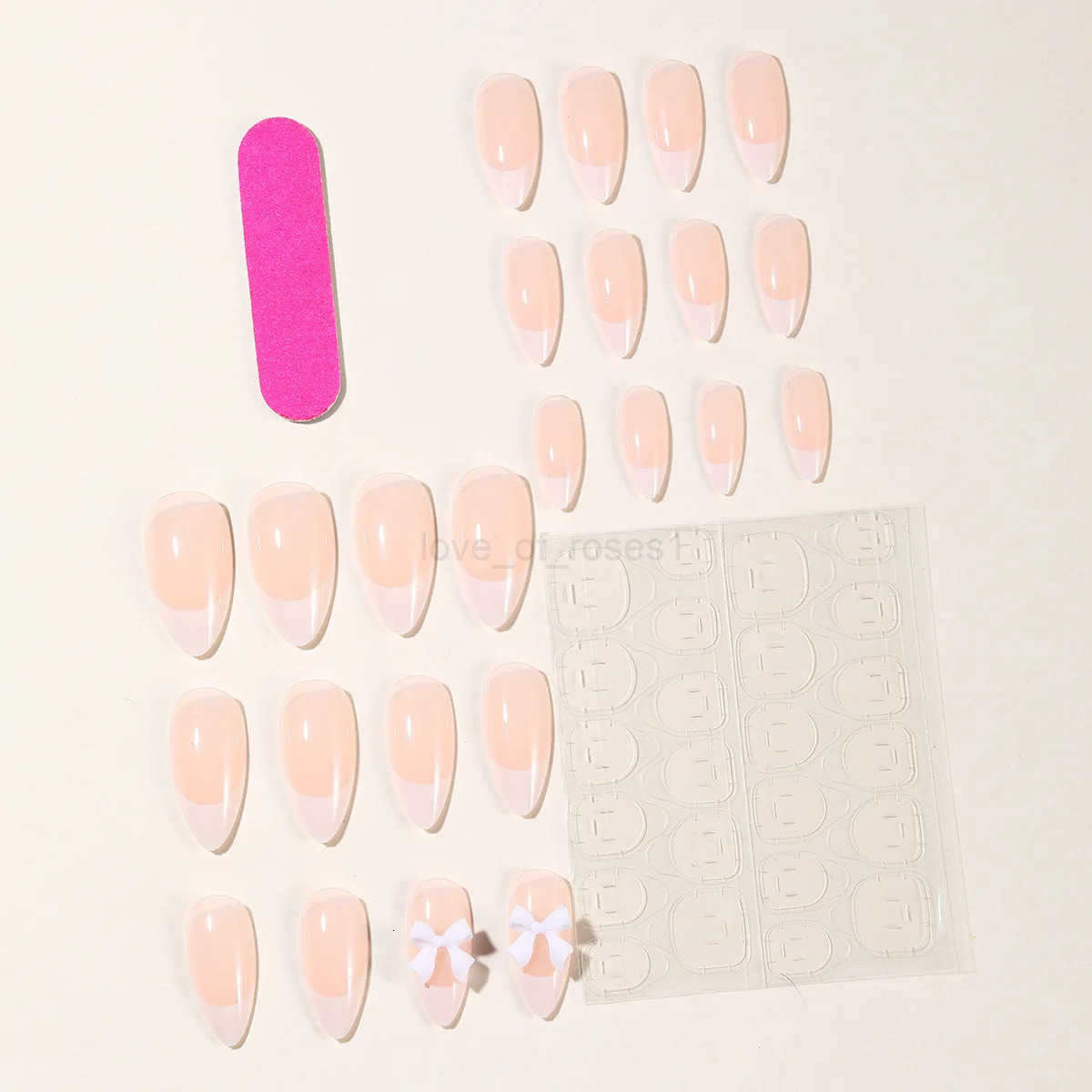 24Pcs Almond Fake Nails White French Tips Press On Nails Nude Color Wearable Stick-on False Nails Patches 3D Bowknot Designs Z250807