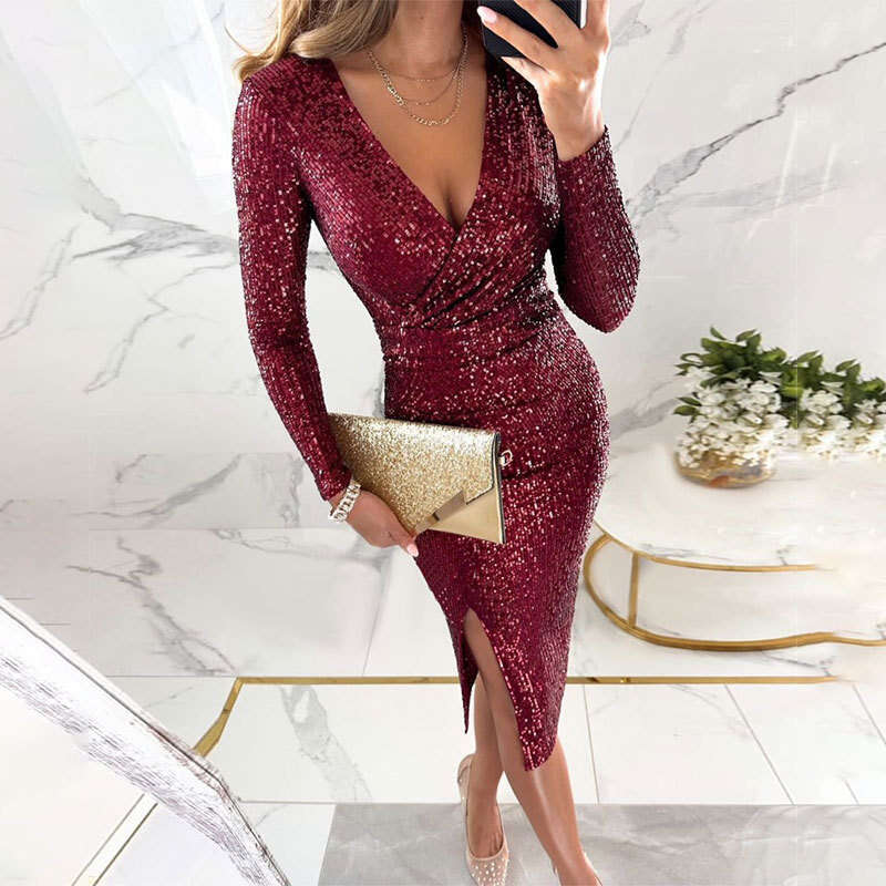 Summer New Women's Sexy V-Neck Bodycon Short Fashion Sequin Dress Gown B5 h7