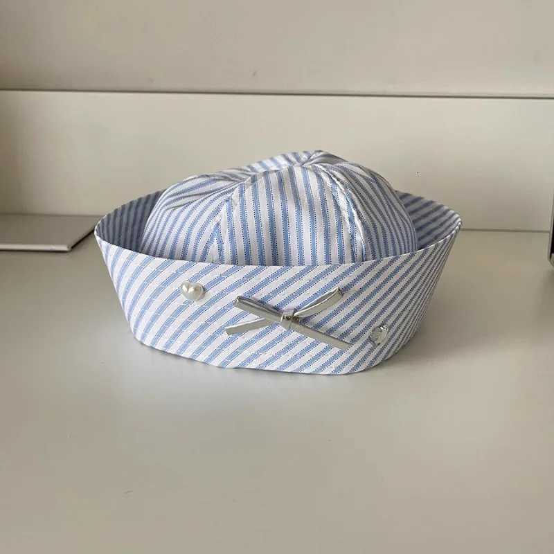 Original Y2k Janese Diamond Bow Decorative Sailor Hat Spring and Summer Womens Sweet Striped Flipped Brim Fashion Beret XJ250807