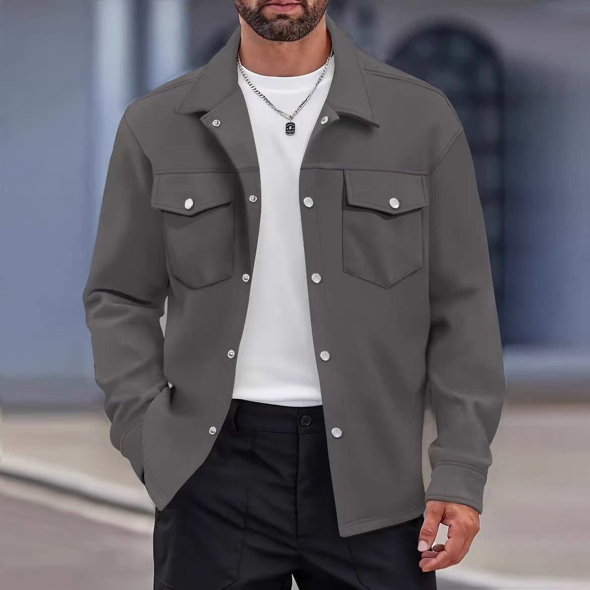 European and American casual solid color men's jacket trend fashion all-match lapel double pocket slim jacket men