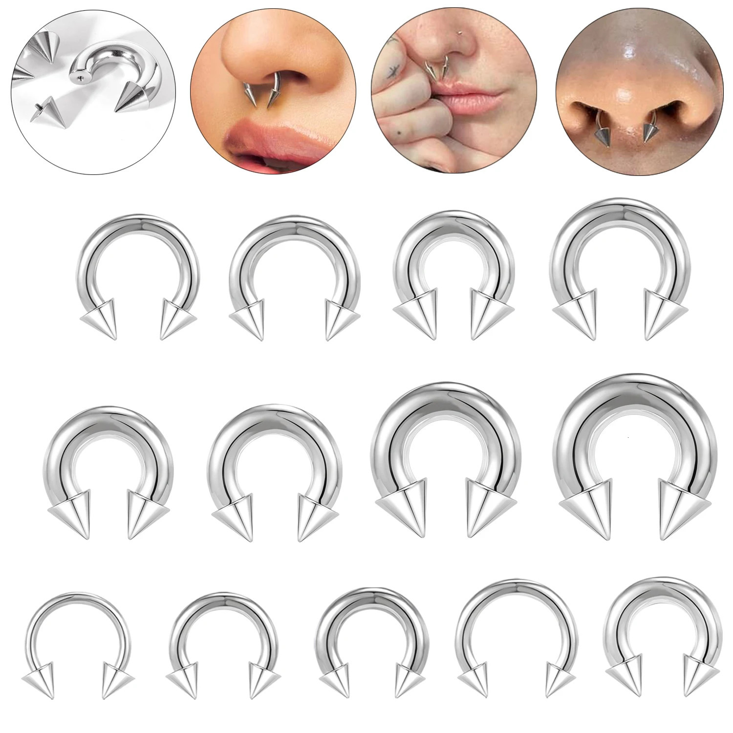 ZS 1PC 2/4/6/8G Spike Horseshoe Nose Ring Stainelss Steel Cone Large Gauge Piercings Internal Threaded Septum Nose Ear Expander 250805
