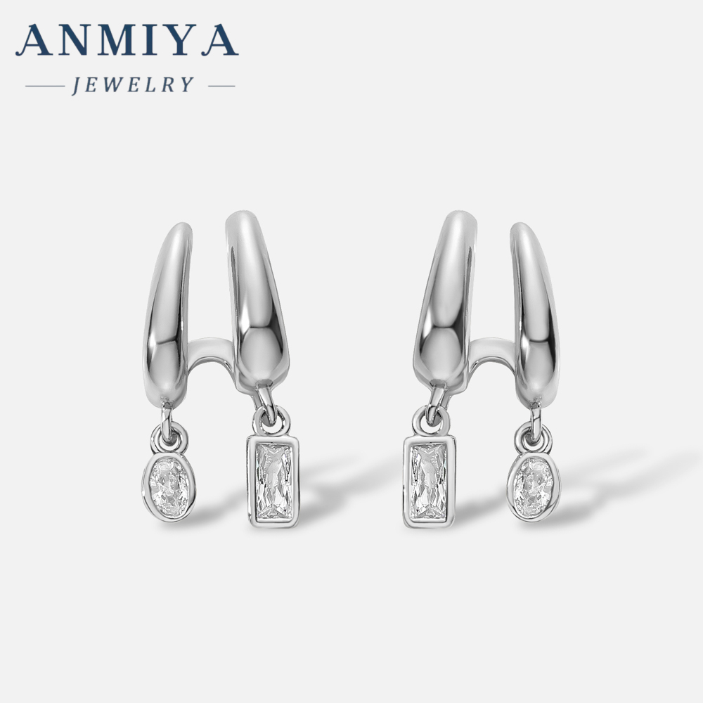 Simple Double Rows S925 Sterling Silver Hoop Earrings Zircon Stone Fashion Jewelry Stud Earrings