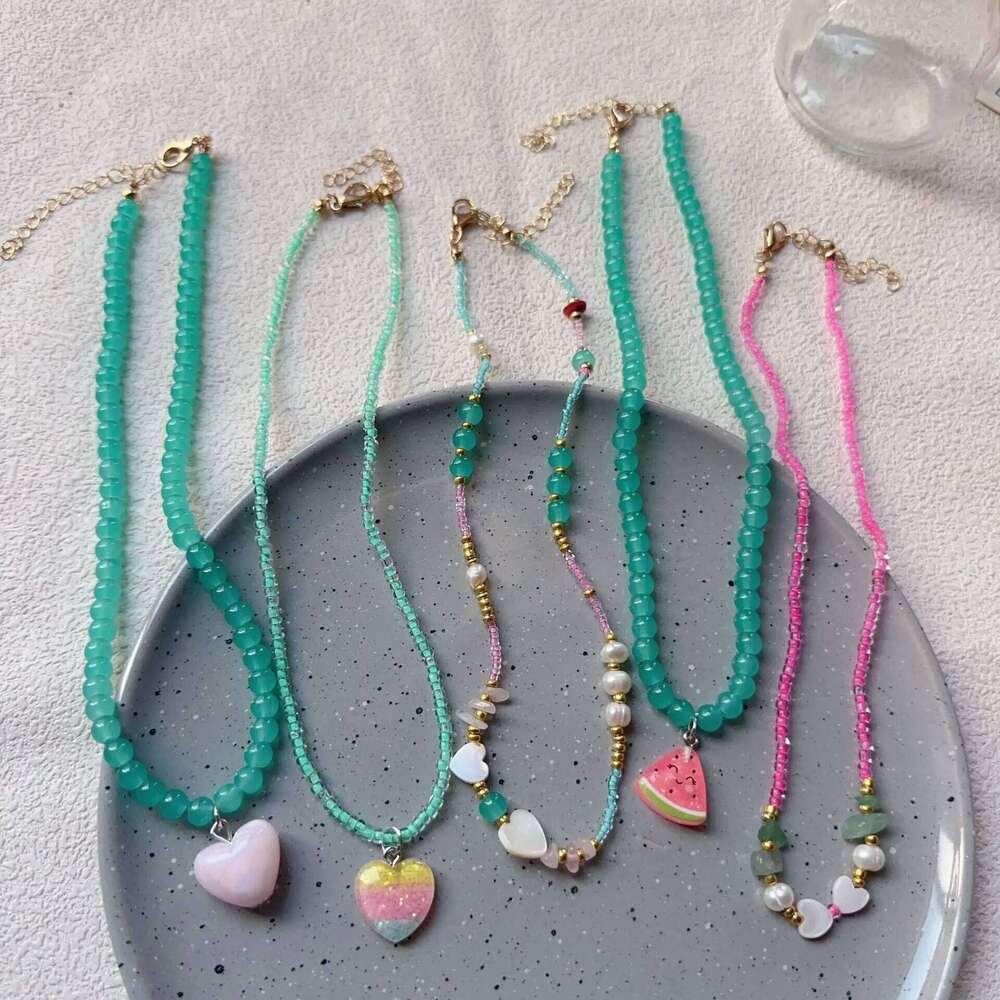 Kpop Fashion Cute Summer Y2k Heart Pendant Beaded Necklace For Woman Egirl Aesthetic Jewelry EMO Goth Vintage Scene Accessories