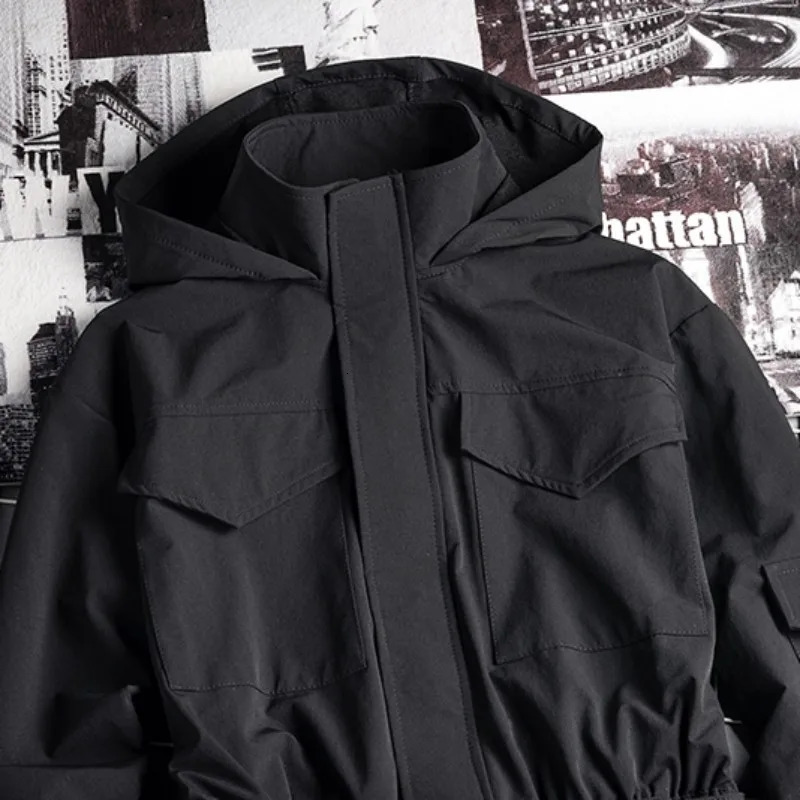 Mens Hip Hop Cargo Jumpsuit Fashion Black Sashes Joggers Overalls Multi Pockets Work Rompers Streetwear Korean Clothes 250804