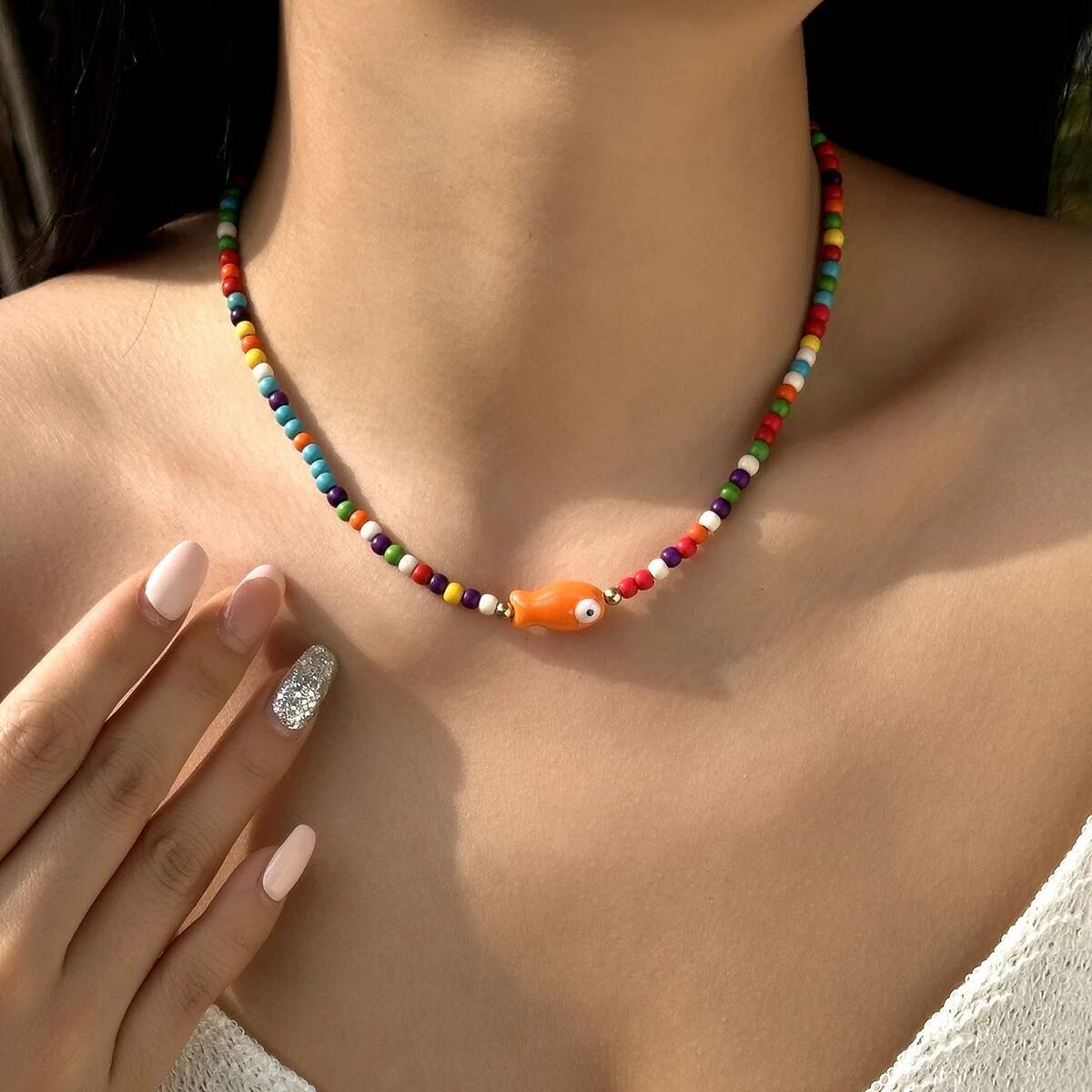 Bohemian Handmade Colorful Ceramic Fish Beaded Necklace for Women Unisex Rice Beads Choker Summer Beach Party Jewelry Gift Jewelry for Women