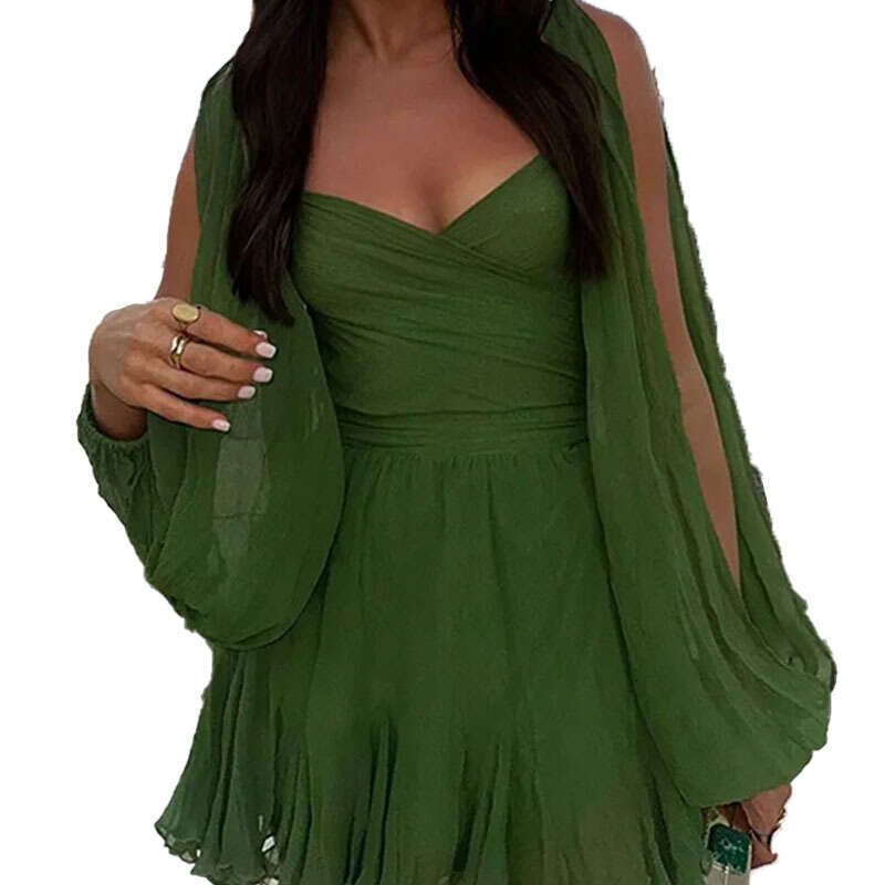 Spring Women's New Sexy Hot Girl V-Neck Lantern Sleeve Hollow Out Off-Shoulder Casual Dress B5 h7