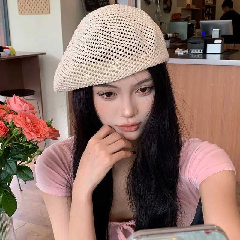 Korean Str Woven Berets for Women Summer Thin Hollow Mesh Painter C Solid Color Breathable Female Pumpkin Hats XJ250807