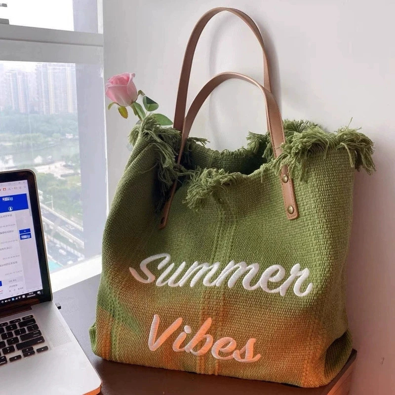 Handbag Woman Bag Summer Simple Niche Travel Beach Tote Bag Tassel Letter Embroidery Fashion Large Capacity Shoulder Bags 2025 250805