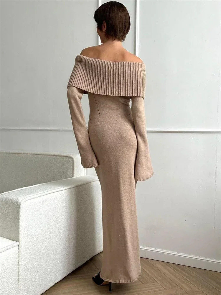 Tossy White Autumn Knit Sweater Long Dress Women Ribbed High Waist Fashion Off-Shoulder Loose Party Dress Female Knitwear Dress 250806