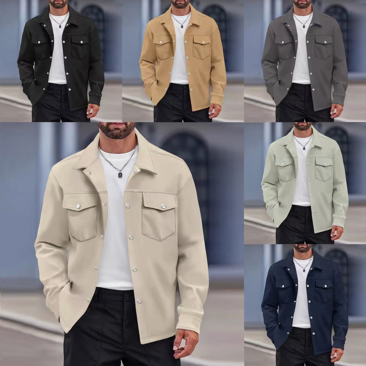 European and American casual solid color men's jacket trend fashion all-match lapel double pocket slim jacket men