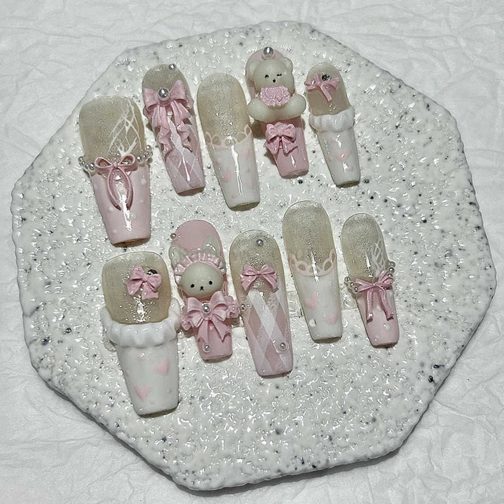 10PCS Cute 3D Bow Teddy Bear Pink French Handmade Press On Nails Kawaii Bunny Long Fake Nails Pearls Heart Glitter Nail Art M250807