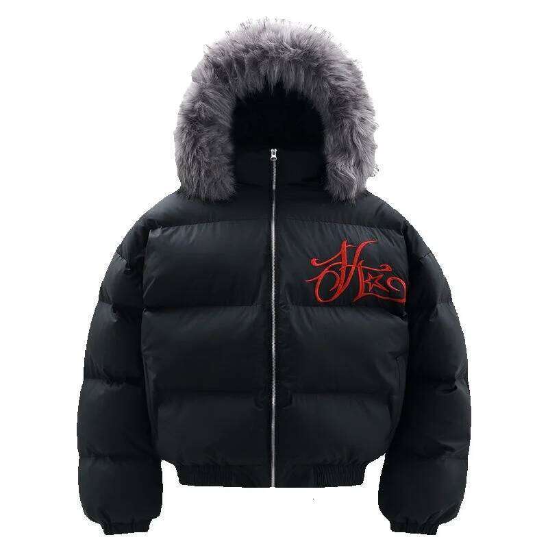Gothic Letter Embroidered Fur Hooded Cotton Jacket Men's Trendy Winter Thickened Hat Detachable Stand Up Collar Coat