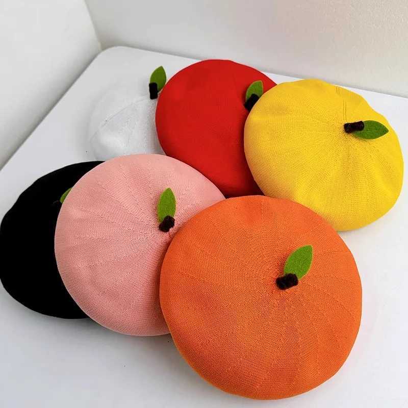 1 Cute Japanese Style Soft Girl Beret with a Big Orange Womens Summer Cotton Yarn Breathable Versatile Fresh Fruit Painter Hat XJ250807