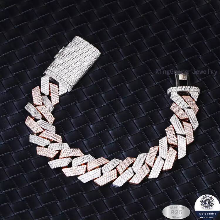 20 mm Wide 4 Rows 2 Tones Hip Hop Cuban Link Chain Bracelet Moissanite 925 Sterling Silver Gold Plate Fine Jewelry Bracelets
