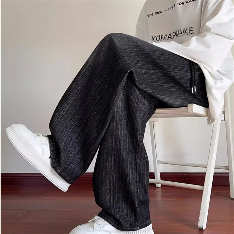 Distressed Vintage Blue Jeans For Men Drawstring Straightleg Denim Pants Y2K Streetwear Washed Baggy Jean Hombre 250807