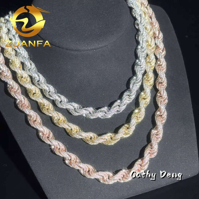 10MM 3 Color Twist Sier Rope Fully Iced Out Moissanite Dia Link Bracelet Hip Hop Jewelry Men Necklace Chain