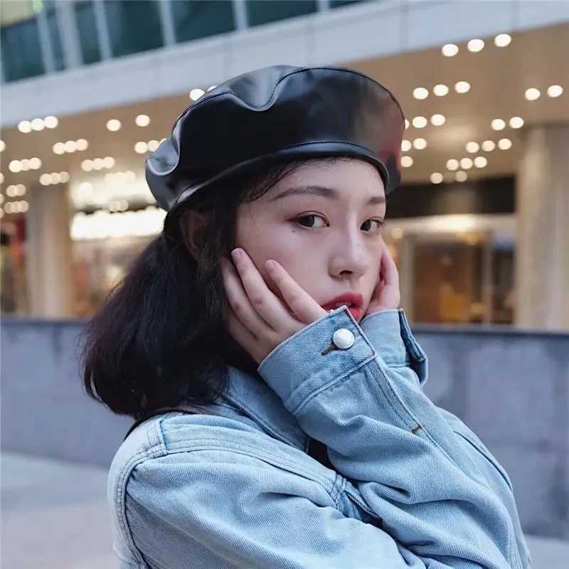 Vintage PU Leather Women Beret Hat Autumn Winter Windproof Octagonal Solid Color Elegant Artist Painter Flat Top XJ250807