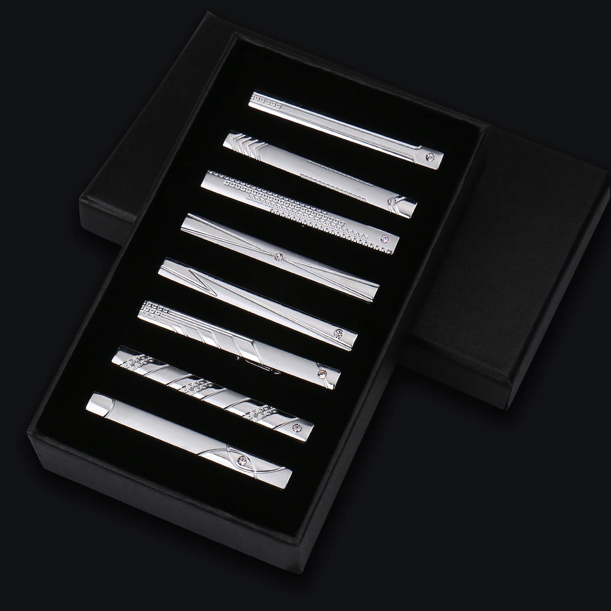 8pcs Tie Clips Metal Diamond With Box For Men Wedding Mens Necktie Clips Set Chrome Stainless Steel Jewelry Gentleman Ties Pin 250806