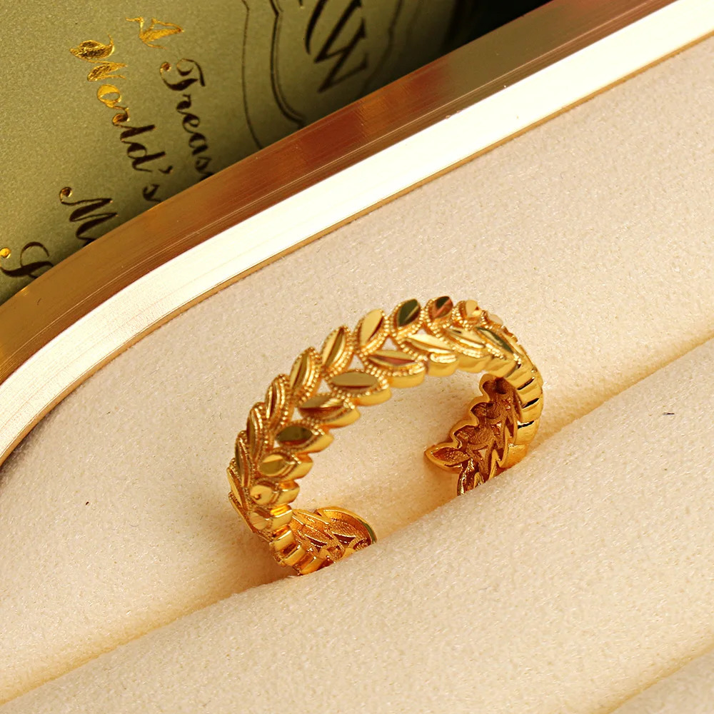 Trendy Copper Gold Plated Jewelry Bangles with Ring Leaves n Cuff Bracelet Dubai Wedding Jewery Graduation Gifts for Girl 250805