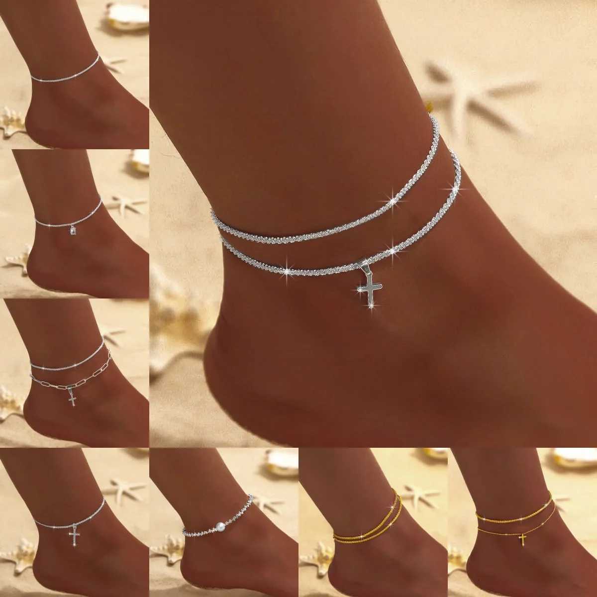 Summer Shiny Sparkling Simple Silver Color Anklet Zircon Cross Pearl Double Layer On Leg Foot Trendy Beach Jewelry Y250805
