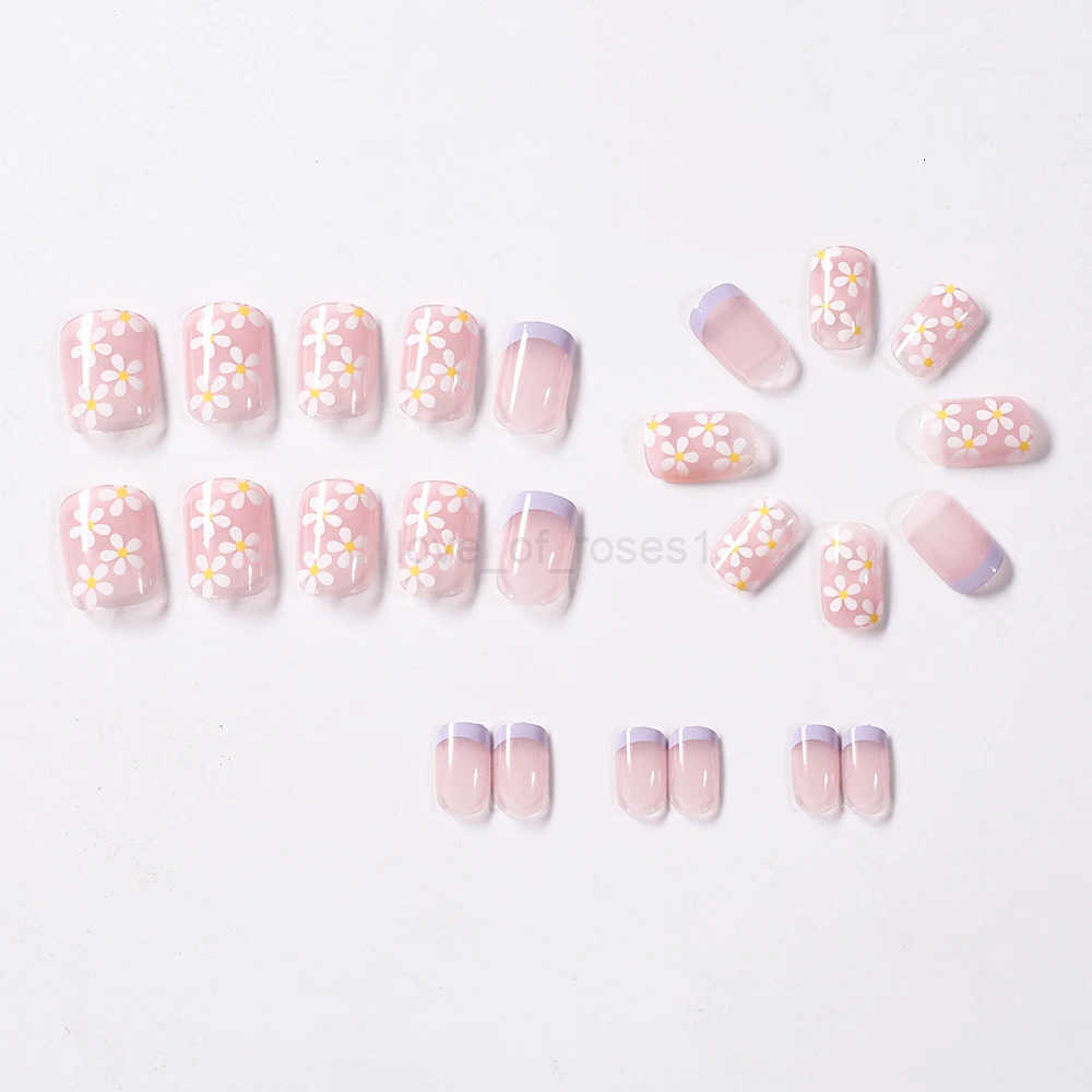 24pcs Purple French Daisy Fake Nails Square Round Glossy Harmless Press On Nail Tips DIY Line Art Full Cover False Nails for Girls Z250807