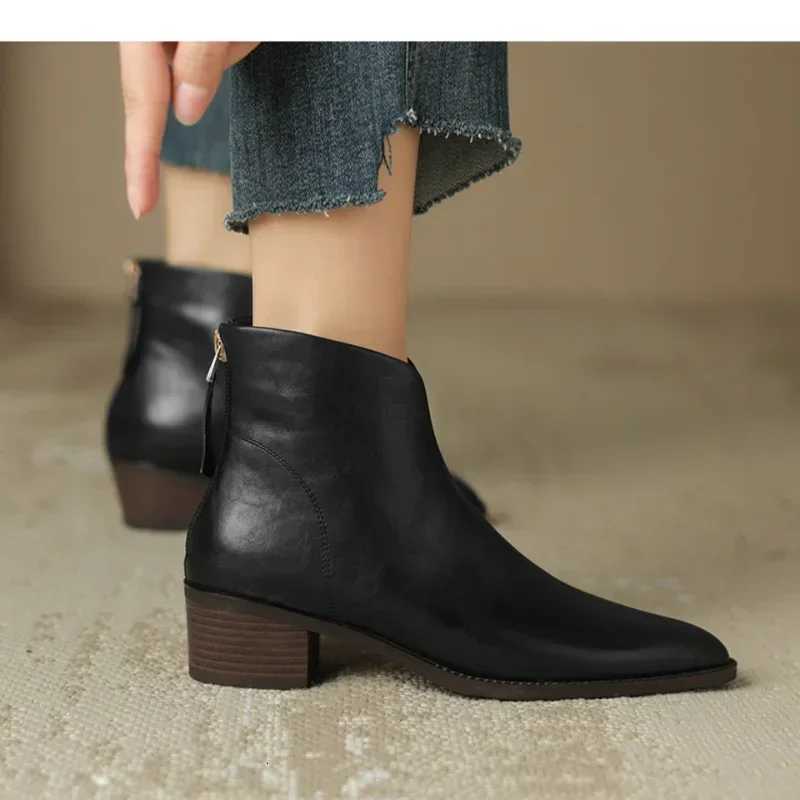 Women Pointy Brown Ankle Boots High Heels Shoes Woman Vintage Chelsea Boots Autumn PU Leather Femme Mid-heel Stubby Ankle Boots XJ250807