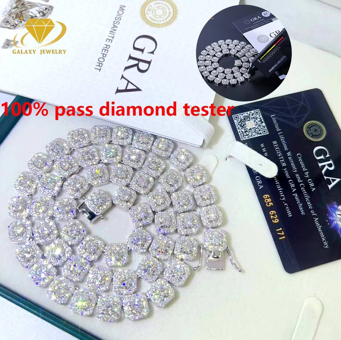 Hiphop Pass Tester GRA Custom Mens Cluster Diamond Chain Iced Out Tennis Bracelet Necklace Choker Moissanite Clustered Chain