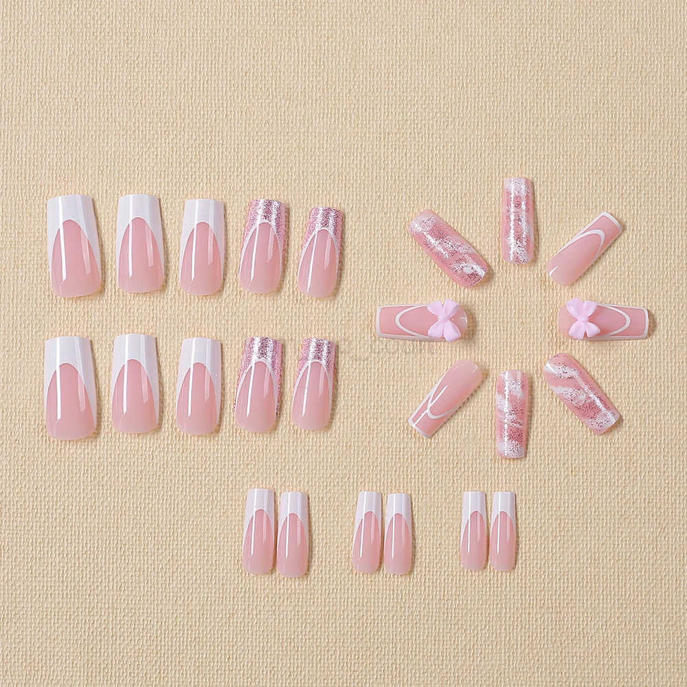 24Pcs Pink Bowknot French Fake Nails Patches 3D Pink Glitter Bow Long Coffin French False Nails Full Cover Acrylic Press-on Nails M250807
