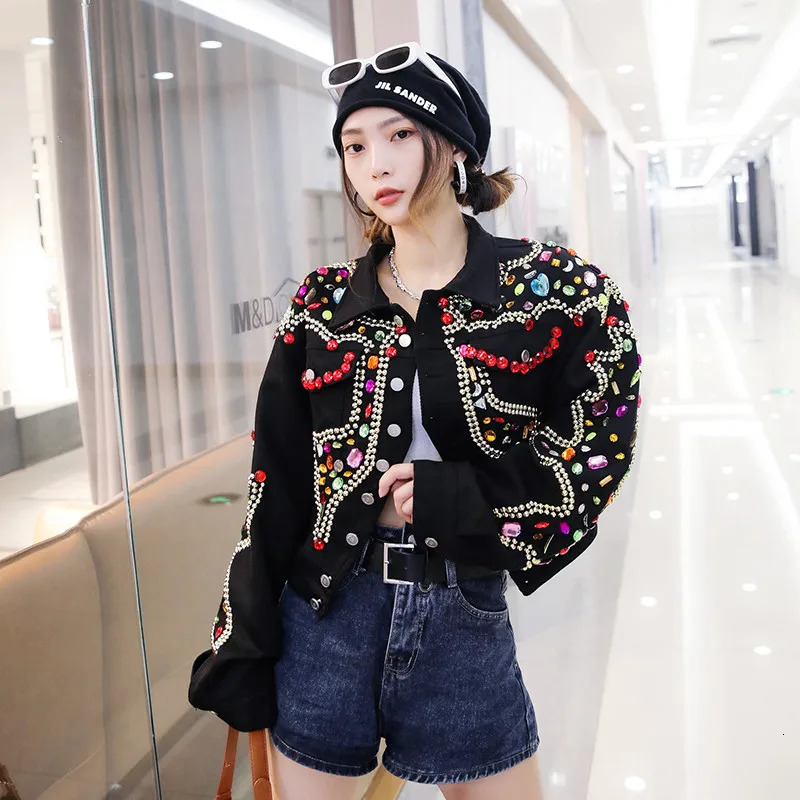 Diamonds Beaded Denim Jacket Rhinestones Sequins Jeans Coat Autumn Short Crystal Rivets Cardigan Chaqueta Streetwear Tops 250804