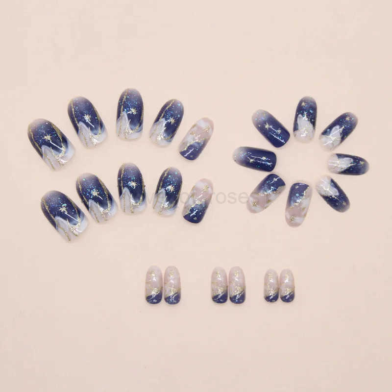 24pcs Smudging Blue False Nails Gentle Almond Gold Star Patterns Press On Nails Romantic Wearable Fake Nails Spicy Girl Manicure Z250807