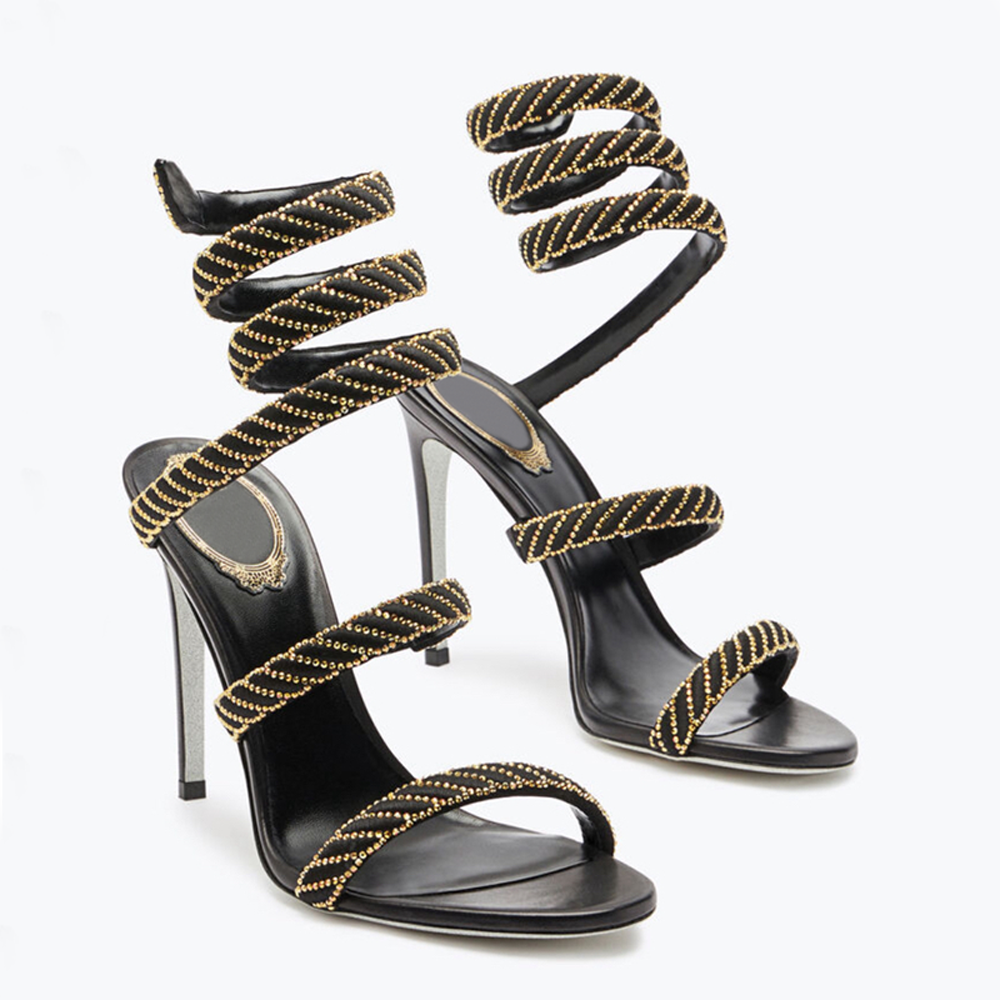 rhinestone Embellished stiletto Heels sandals Champagne Evening shoes women high heeled Luxury Designers Wraparound Dress shoes 34-43