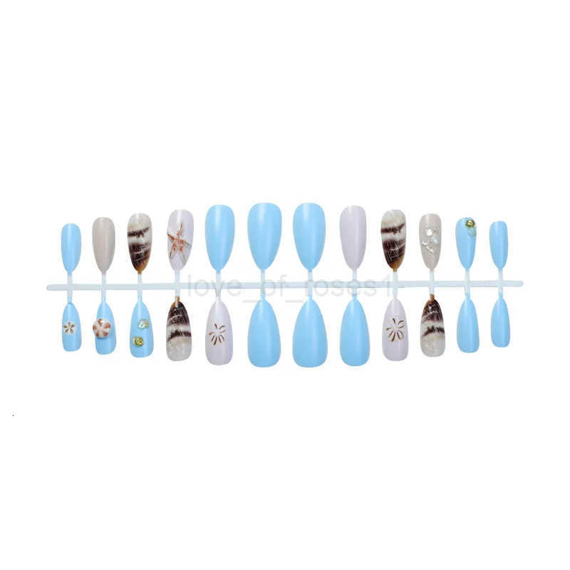 24pcs 3D Sea Shells Decor Fake Nails Ins Blue Sea Starfish Press-on Nails Full Cover Wearable French Almond False Nail Tips Z250807