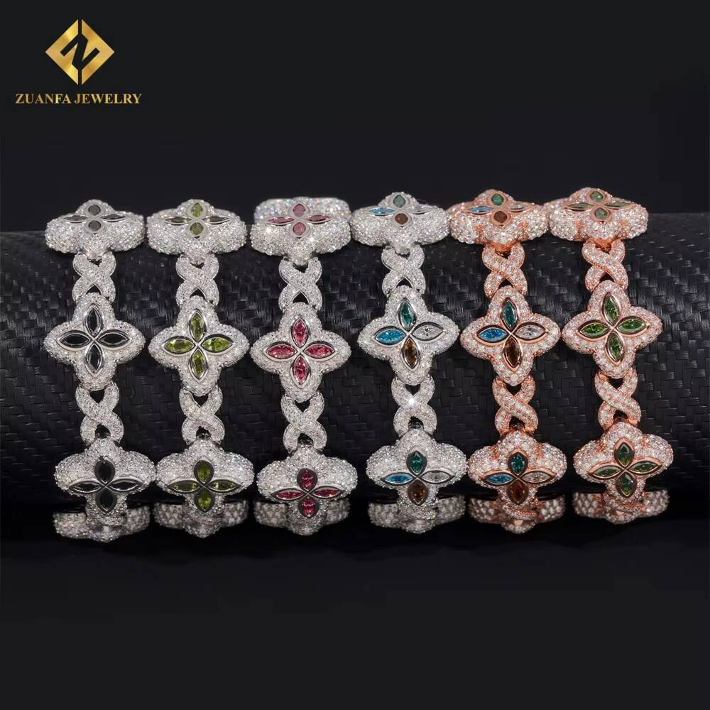 2025 Designer necklace 13mm High Quality Multi Color Marquise Diamond 925 Silver Jewelry Iced Out VVS Moissanite Lucky Four Leaf Clover Cuban Bracelet