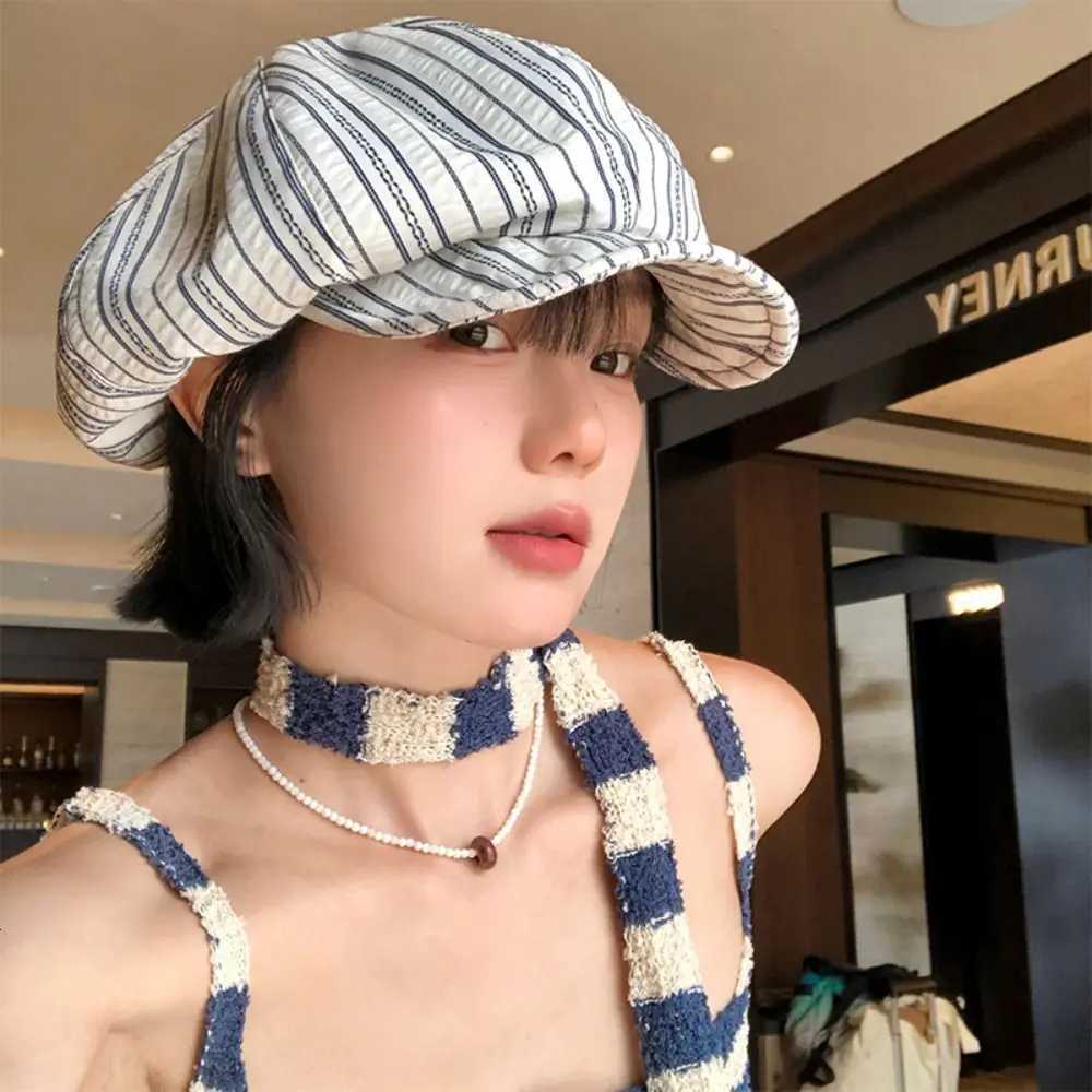 New Spring Summer Striped Berets Thin Y2k Octagonal Hat Casual Sunscreen Painter Cs Female XJ250807