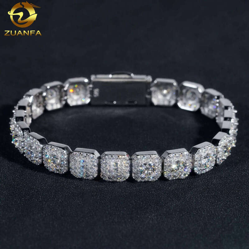 High Quality Fashion Hip Hop Sterling Sier 10mm Moissanite Cluster Tennis Chain Cuban Bracelet