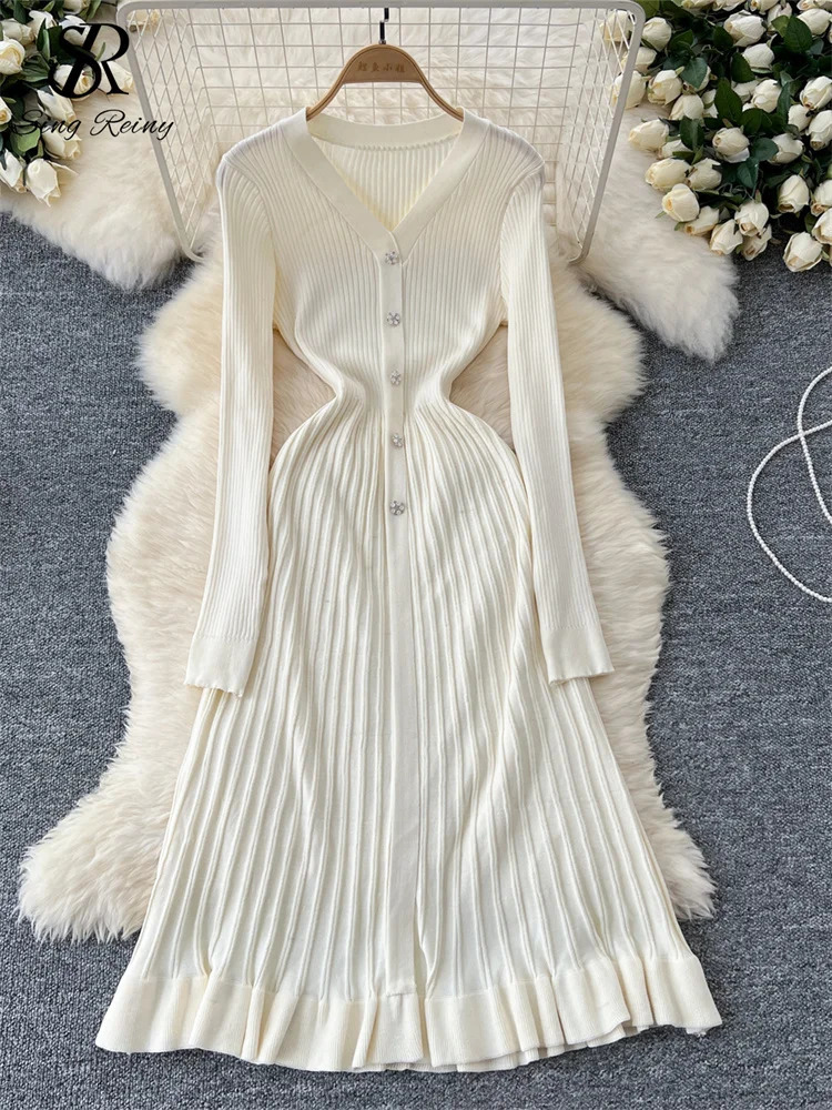 SINGREINY Autumn Knitting Sweater Dress Ladies V-Neck Single Breasted Full Sleeve Soft Slim Senior Knitted Casual Long Dress 250806