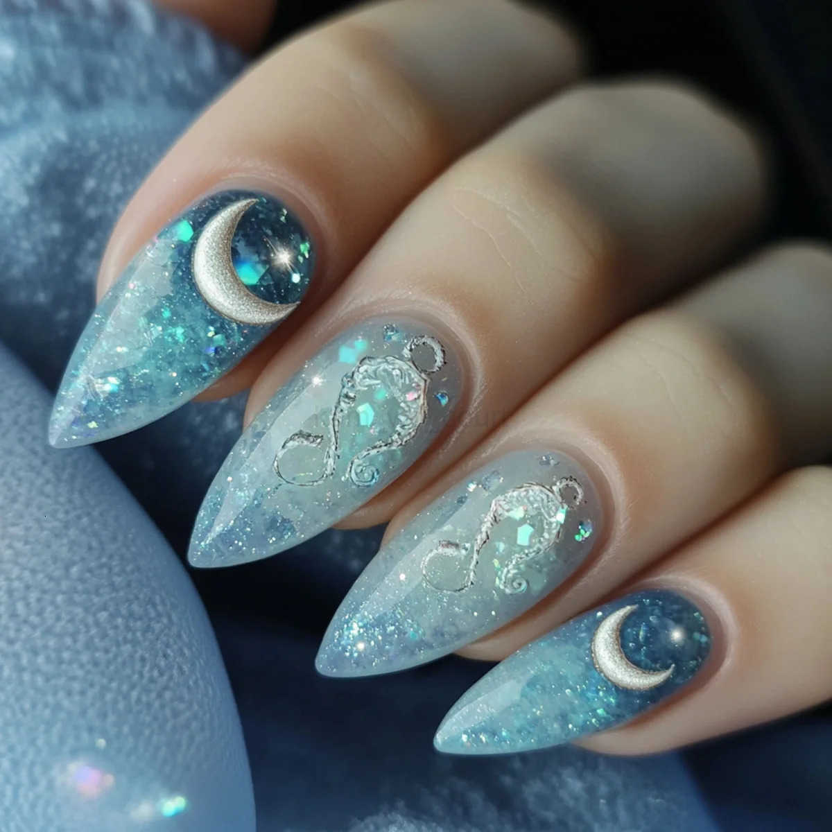 Medium Fake Nails For Women Girls Gradient Blue Pink Starry Sky Star Moon Y2K Design Almond Nail Tips Press On False Nail Set M250806