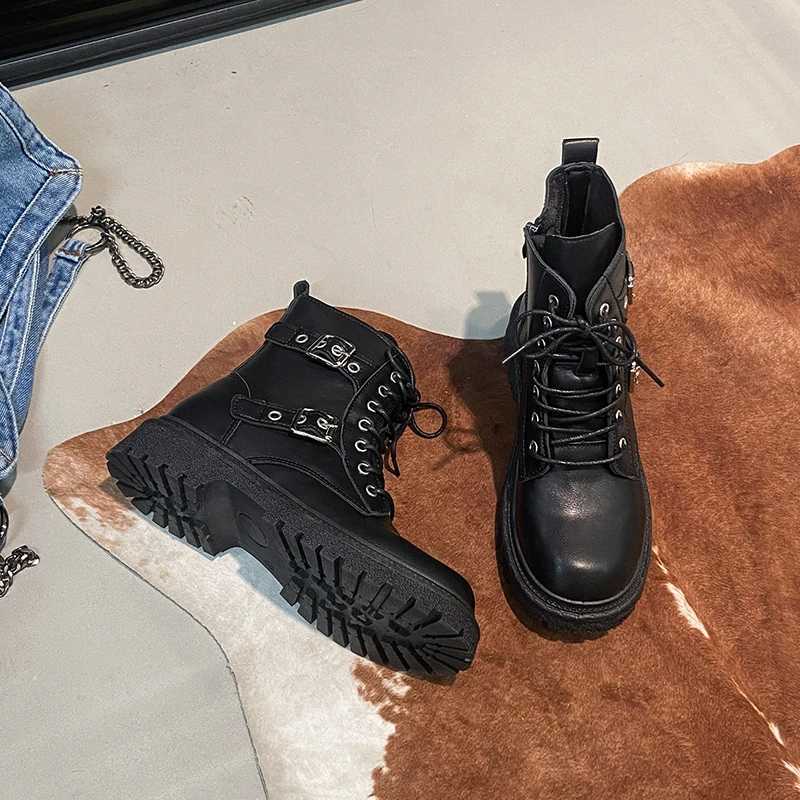 2025 Black Ankle Boots Square Heel Front Lacing Women New Rock Motorcycle Boots Big Sizes Platform Women Shoes Womens Shoes XJ250807