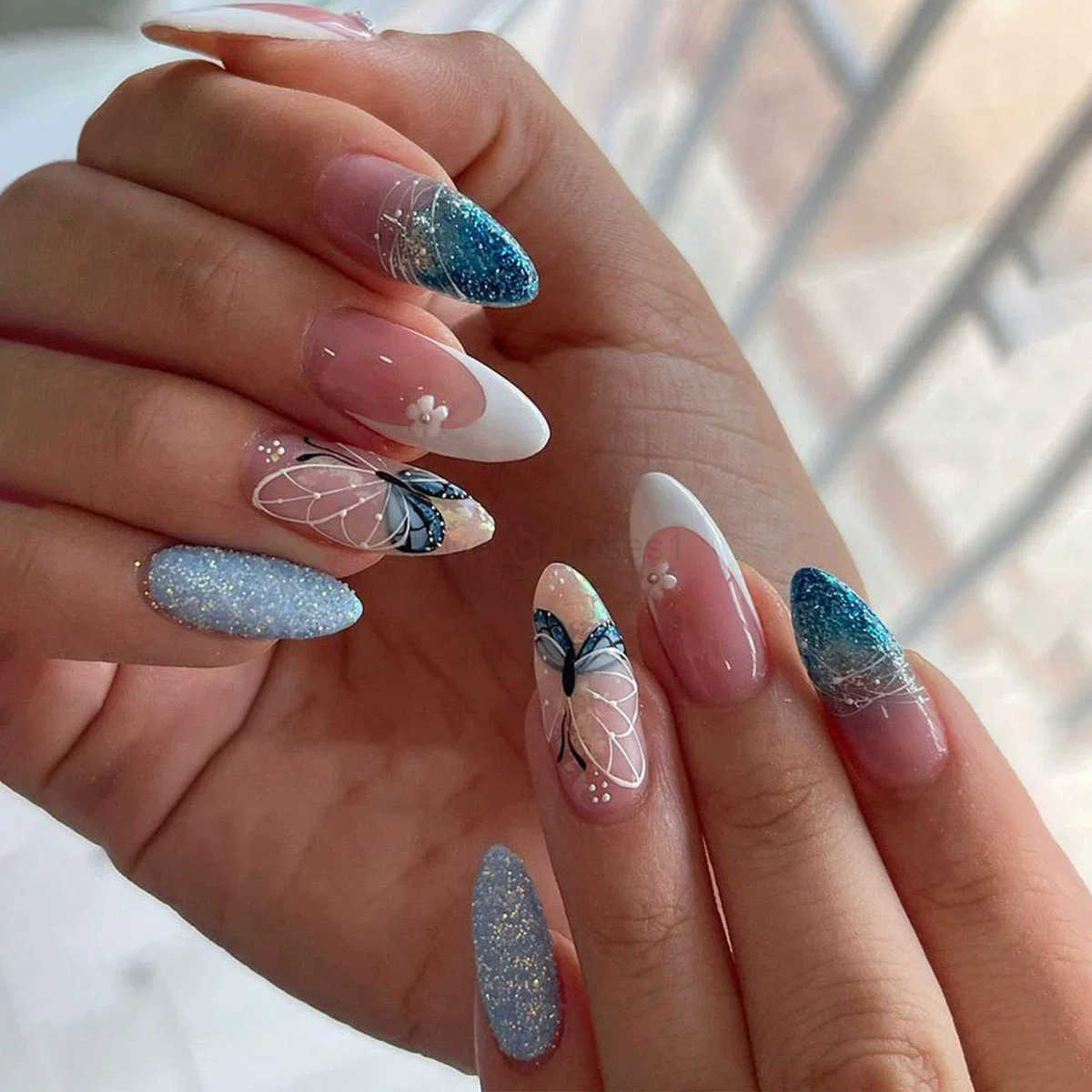 24pcs Long Almond Press on Nails Gold Bow Fake Nails Cherry Pattern False Nail Artificial Tips False Nails Uas Postizas Nail Tips Z250807