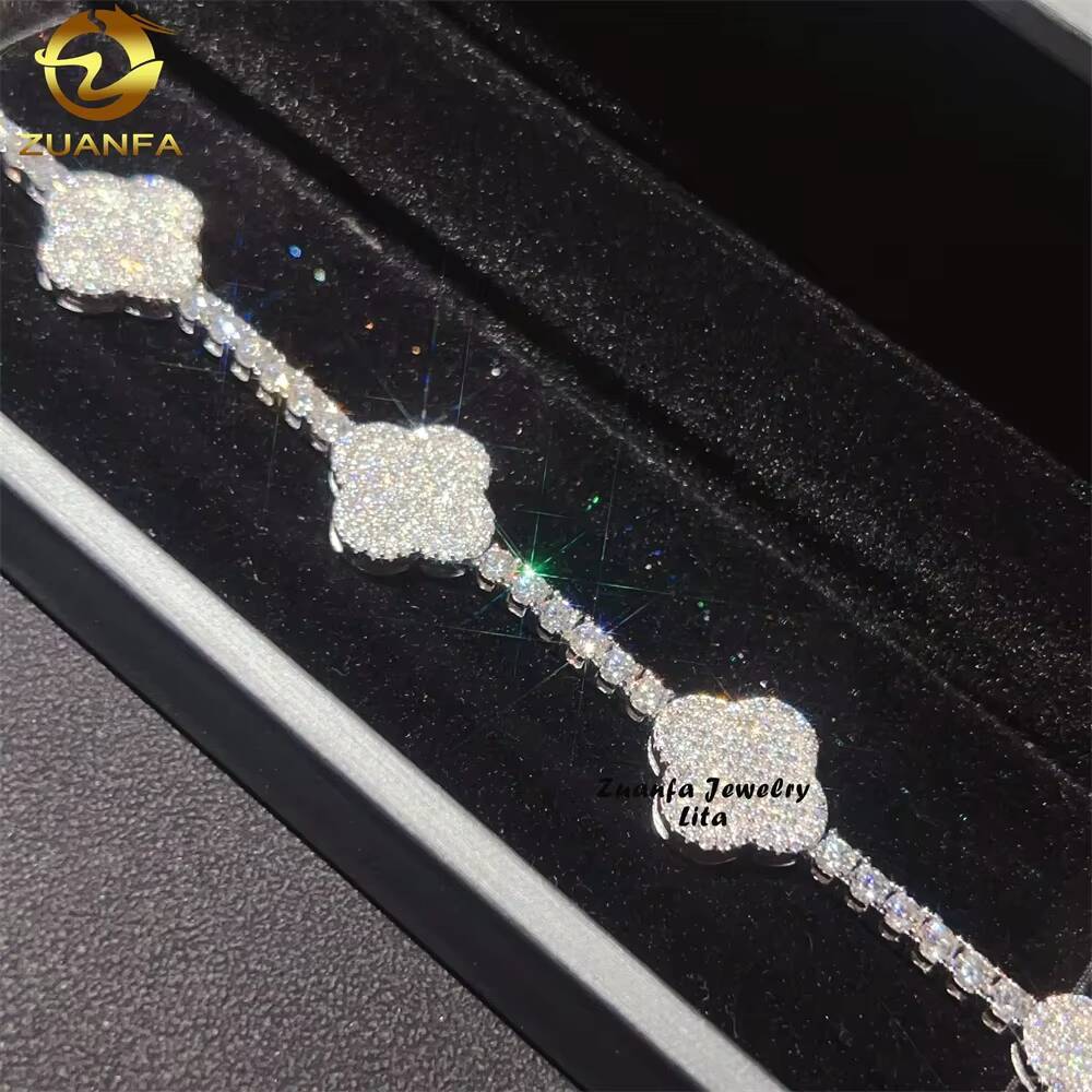 Pass Diamond Tester Fast Shipping New Design 925 Sterling Silver Clover Moissanite Tennis Chain Bracelet