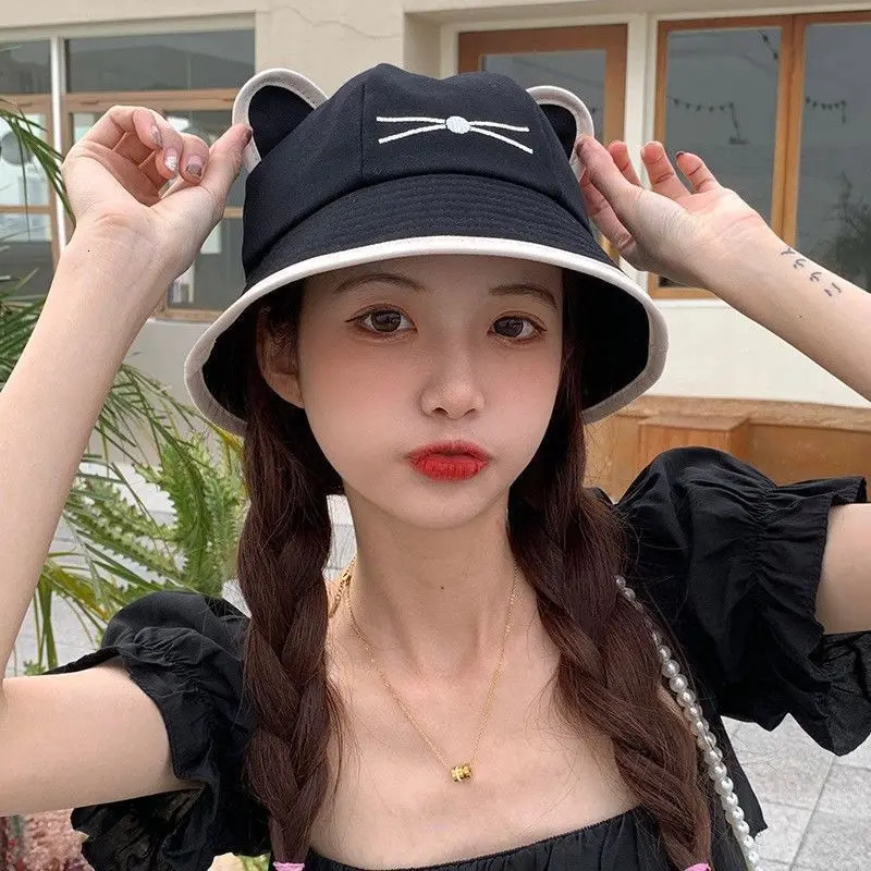 Korean Cartoon Cat Ear Bucket Hat Spring Summer Kawaii Beach Tour Sun Visor Hats Wide Brim Y2K Cotton Panama Cap 250805