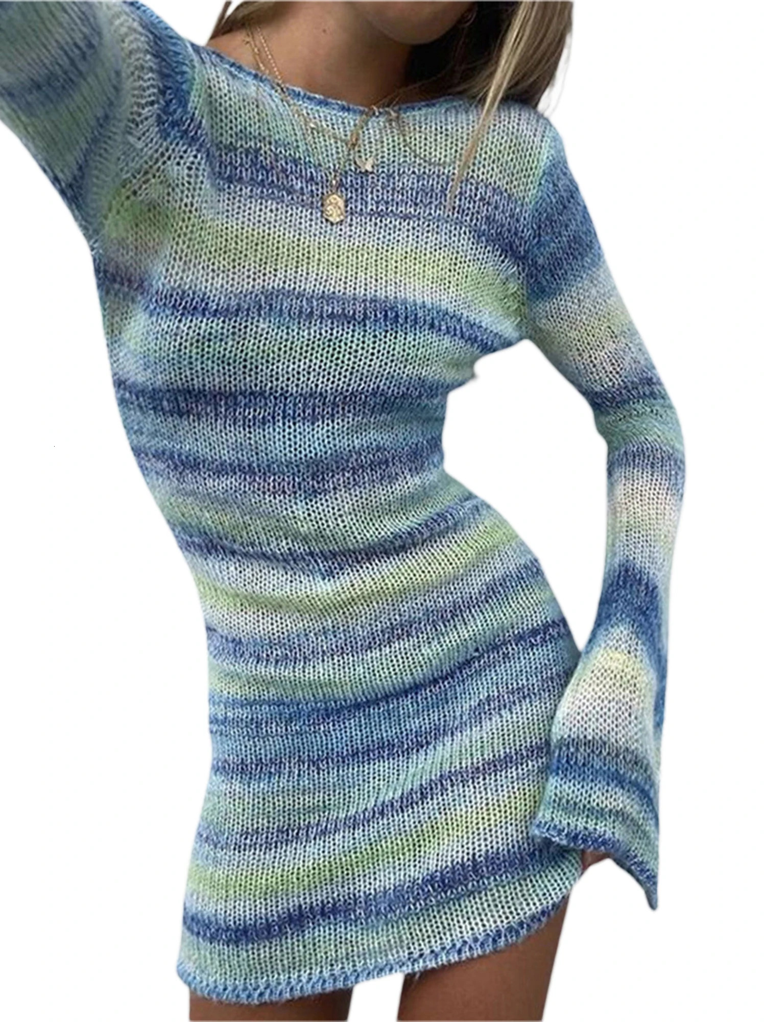 Elegants Dress For Women O-Neck Autumn Knitted Dress Collision sweater long sleeve round neck striped dress 250806