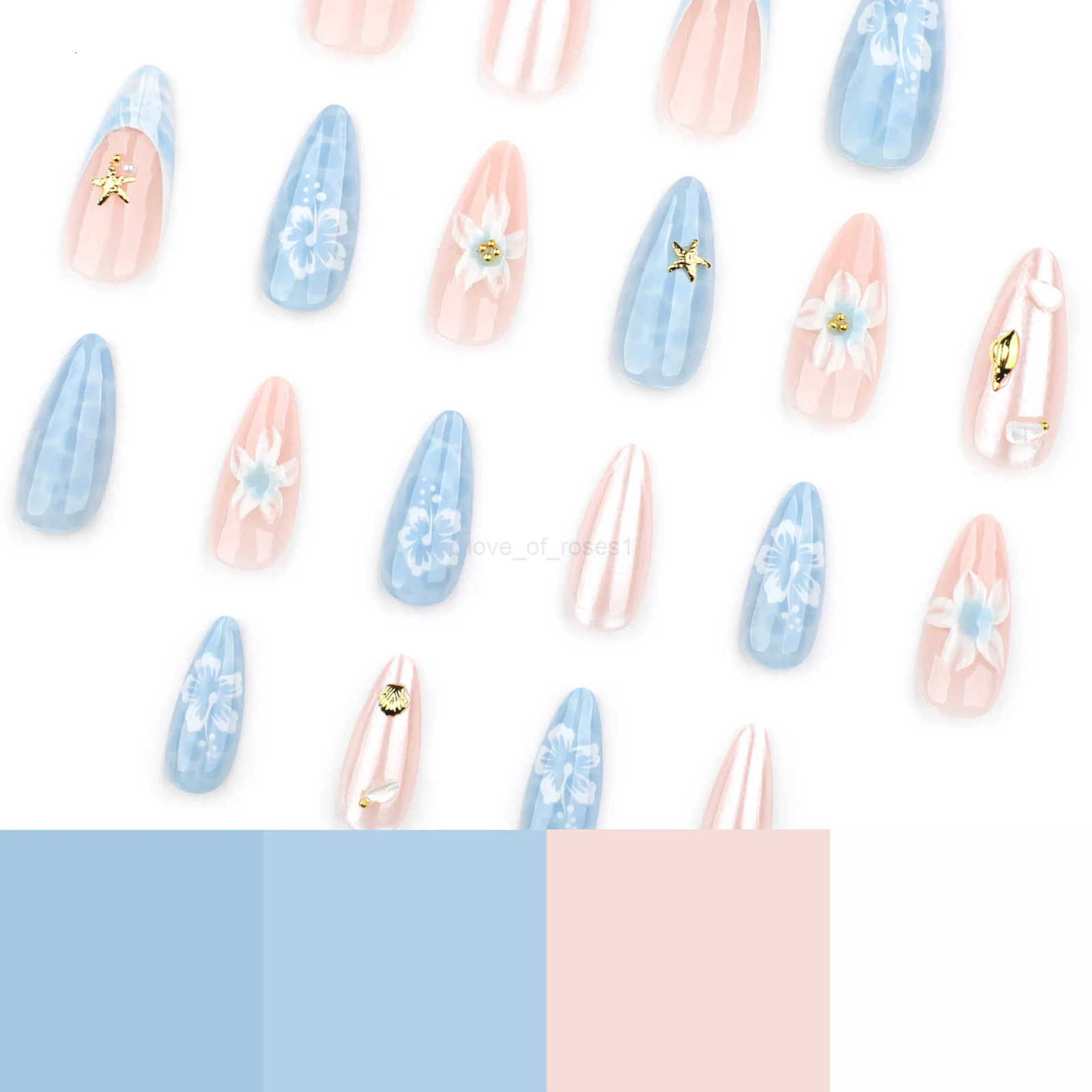24pcs Light Blue False Nails Summer Beach Style Seashell Starfish Flower Pattern Press On Nails Smudging French Almond Fake Nail Z250807