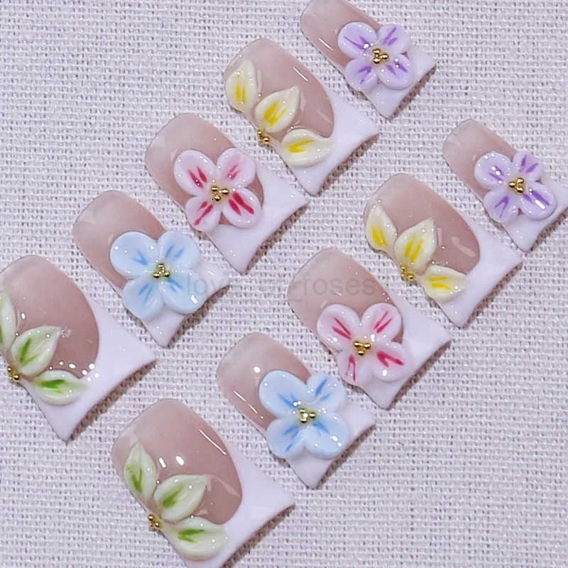 10pcs Y2K Duckbill Press On Nails Set White French Nail Tips 3d Handmade Carved Flower Nails with Steel Ball Design for Women Manicure Z250807